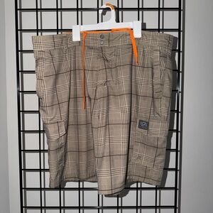 Plaid Cargo Shorts with Orange Drawstring
